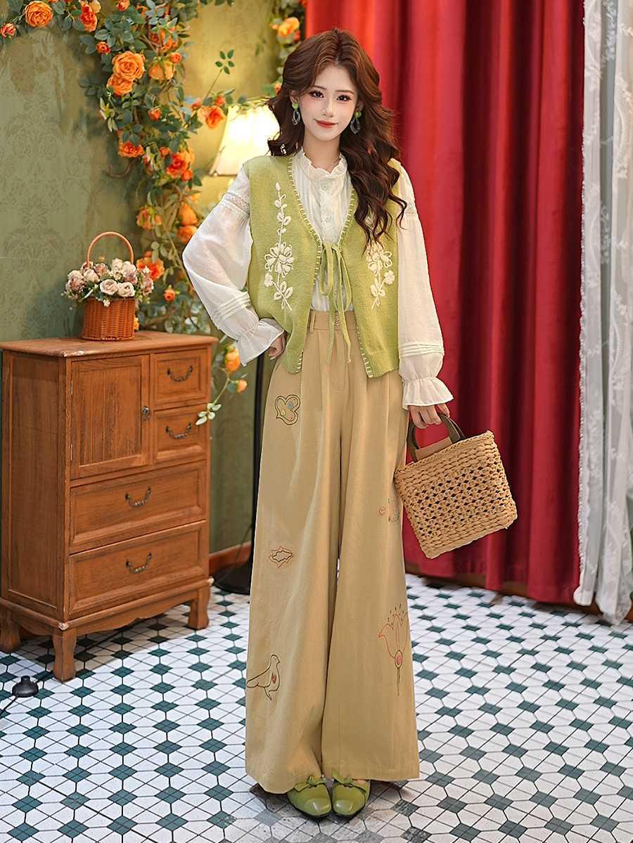 DaYuanSAD Women s Early Spring Embroidered Color Block Wide Leg Pants #Q1023 Medium хаки