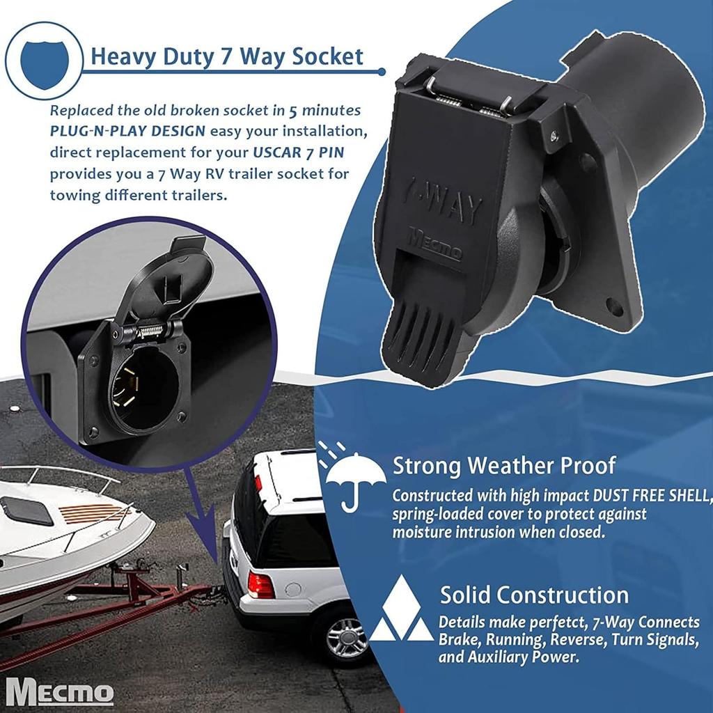 MECMO OEM Style Replacement 7-Way RV Blade Socket, USCAR To 7-Pin Vehicle-Side Female-End Socket For Ford, GMC, Chevy, Dodge, Silverado, Sierra
