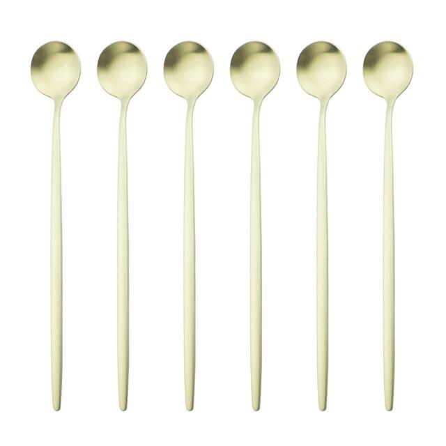 6Pcs/Set Black Long Handle Cutlery Matte Stainless Steel Spoons Polished Stirring Drink Ice Cream Dessert Tea Spoons Dinnerware