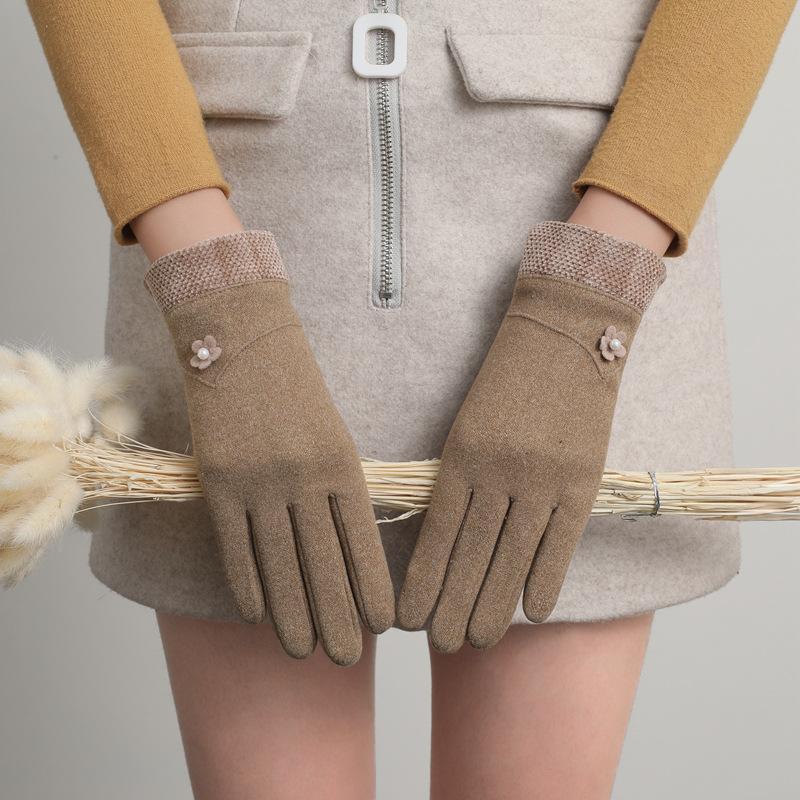 New Female Autumn Winter Non-Inverted Velvet Cashmere Full Finger Warm Lace Gloves Women Cotton Touch Screen Gloves G82