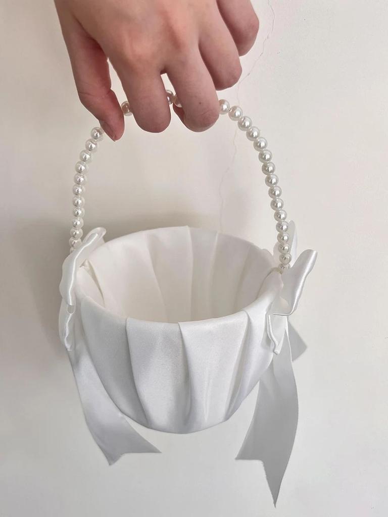 1pc Weiß Blumenmädchen Korb, Faux Perle & Schleife Dekor Hochzeit Blumenkorb Für Hochzeitsfeier