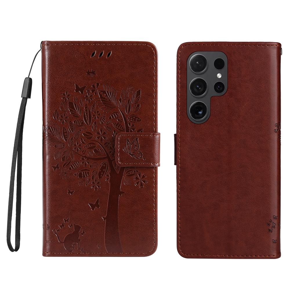 For Samsung Galaxy S24 Ultra Phone Case with Stand Cat Tree Pattern Leather Wallet Mobile Cover