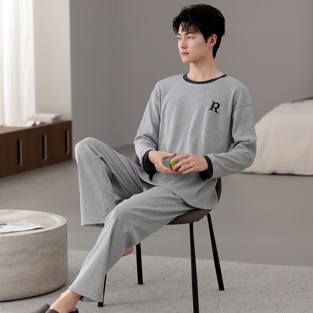 Pajamas Men'S Spring And Autumn Waffle Cotton Long Sleeve Suit Men Can Wear Cotton Loungewear