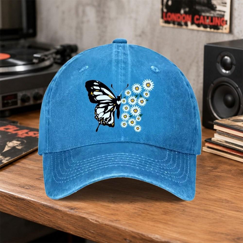 Butterfly Daisy Vintage Baseball Cap Unisex Washed Cotton Hat for Outdoor Sports Daily Wear