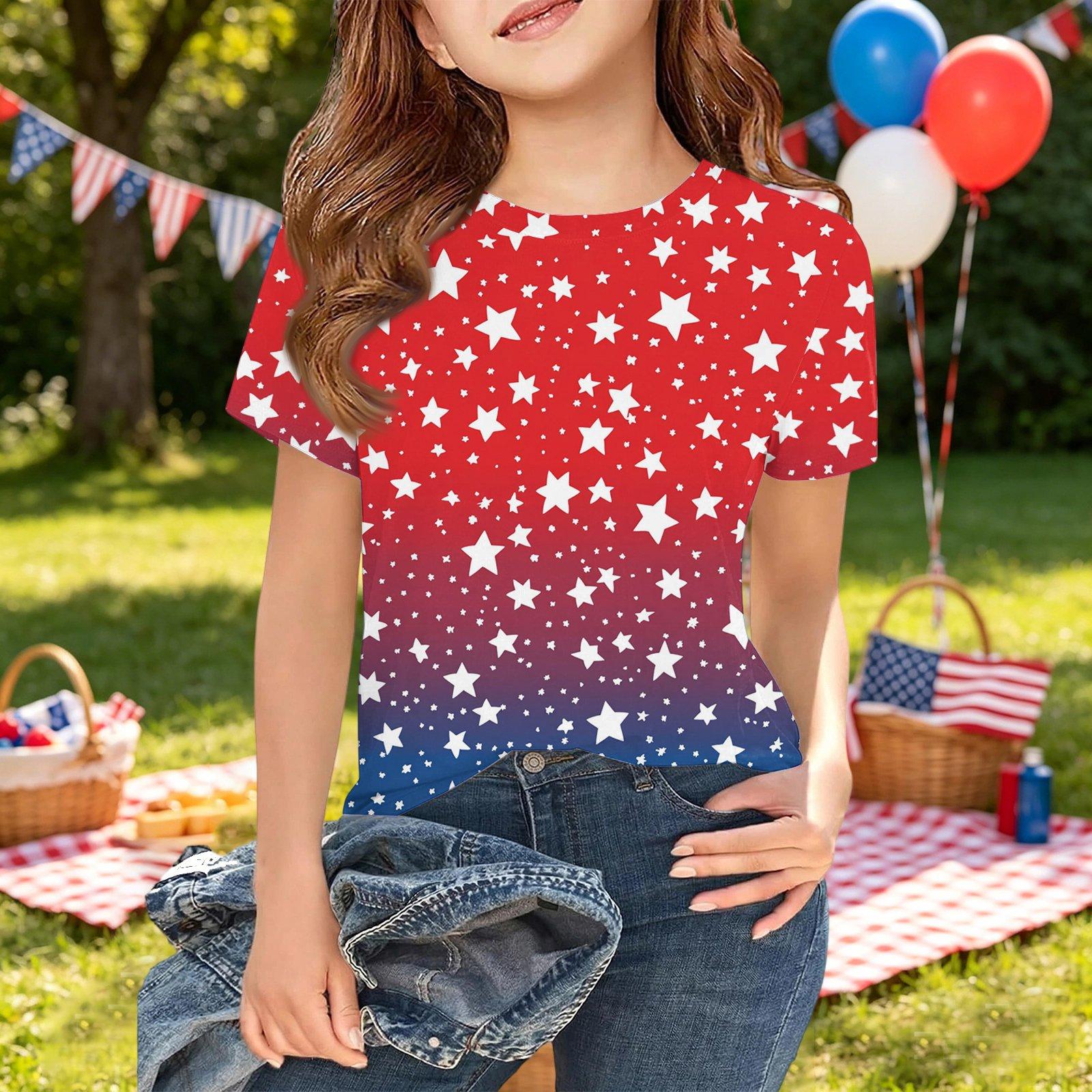 

Girls Short Sleeve T-Shirt Independence Day Print Crew Neck Casual Top Lightweight Soft Fabric Comfortable Fit 120