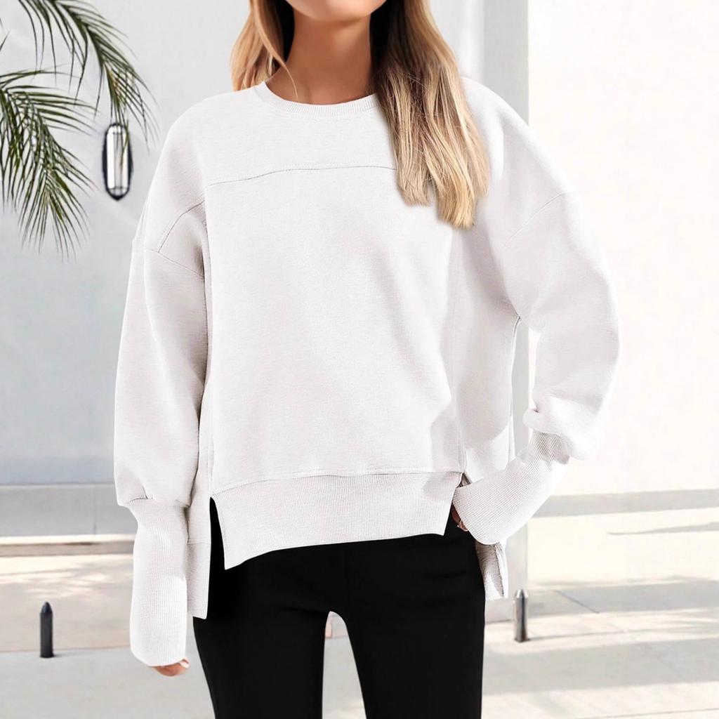 Women's Casual Crew Neck Sweatshirt Long Sleeve Side Split Solid Color Spring Autumn and Winter Pullover Hoodie Sweatshirt Sports On