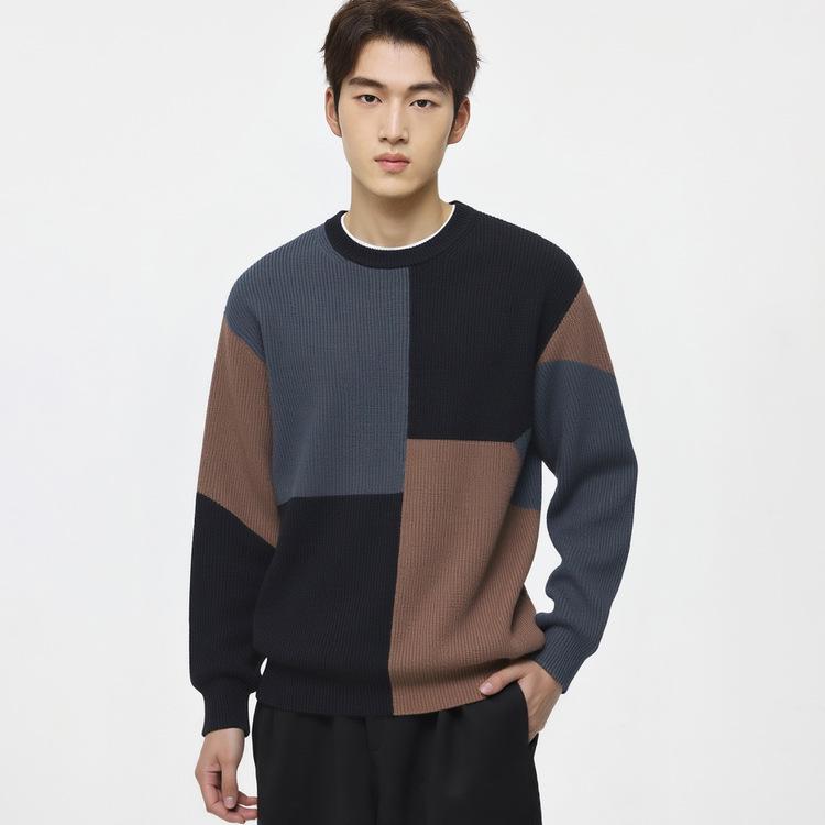 WOOG2005 Men s Color Block Patchwork Round Neck Sweater - 2025 Autumn/Winter Loose Casual Knitwear M