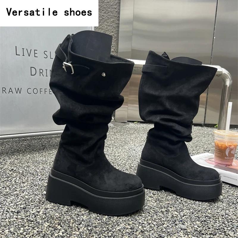 Winter Platform Women Knee-High Boots Fashion Slip On Long Booties Street Style Female Elegant High Heels Shoes