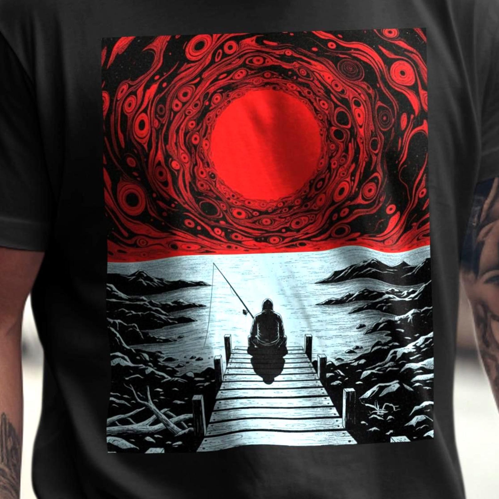 Dark Fisherman Red Sun T-Shirt | Eerie Fishing Graphic Tee | Surreal Lake Horror Shirt XL