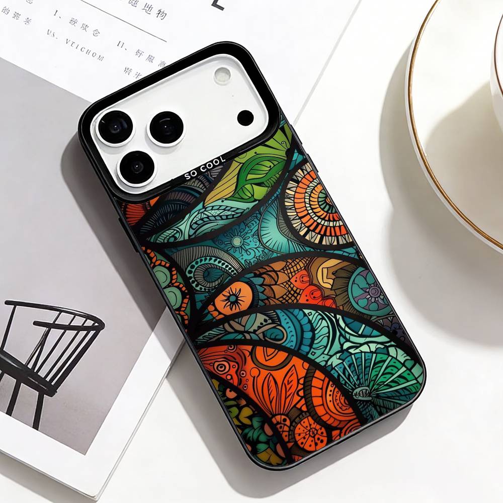 

Mexican colorful totem Phone Case For iPhone17,16,15,14,13,12,11 Plus,Pro Max Black Border Silver Plated Cover iPhone17air