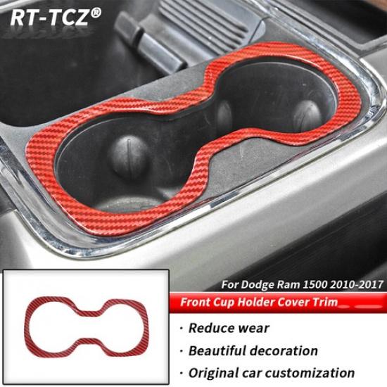 Red Carbon Front Cup Holder Trim Ring Accessories For Dodge Ram 1500 2010-2017