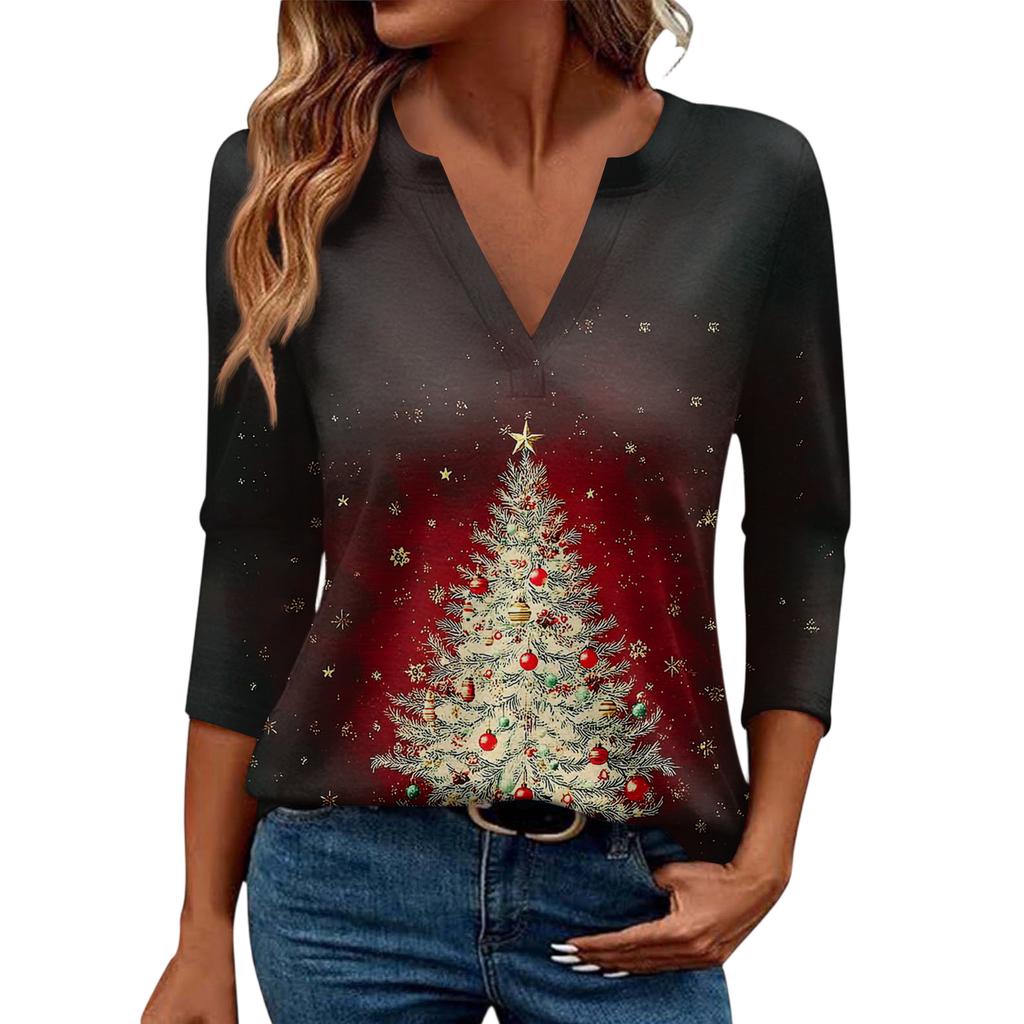Women's Casual Fashionable Sexy Comfortable V-Neck Christmas Three-Quarter Sleeve Top