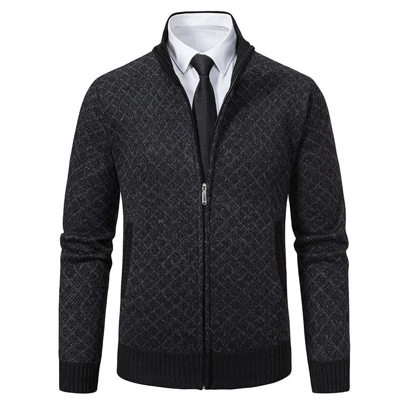 Men's Casual High Collar Long Sleeve Knitted Top with Velvet Warmth for Autumn and Winter Fashion Multi Functional Jacket