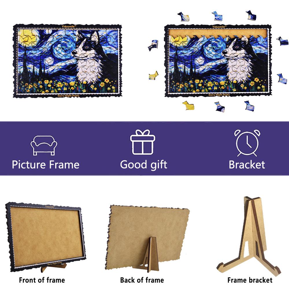 Starry Night Husky Puzzle, Wooden Puzzle Toy, High Difficulty Special-shaped Puzzle, Assembling Toy, Birthday