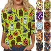 Women's Casual 3/4 Sleeve Halloween Print Round Neck Top Lightweight Soft Fabric Comfortable Fit Seasonal Themed Shirt for Everyday Wear