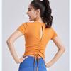 New Style Drawstring Beautiful Back Pleated Yoga Wear Short Sleeved Female All-in-one Cup Fitness Sports Top with Chest Pad for Women