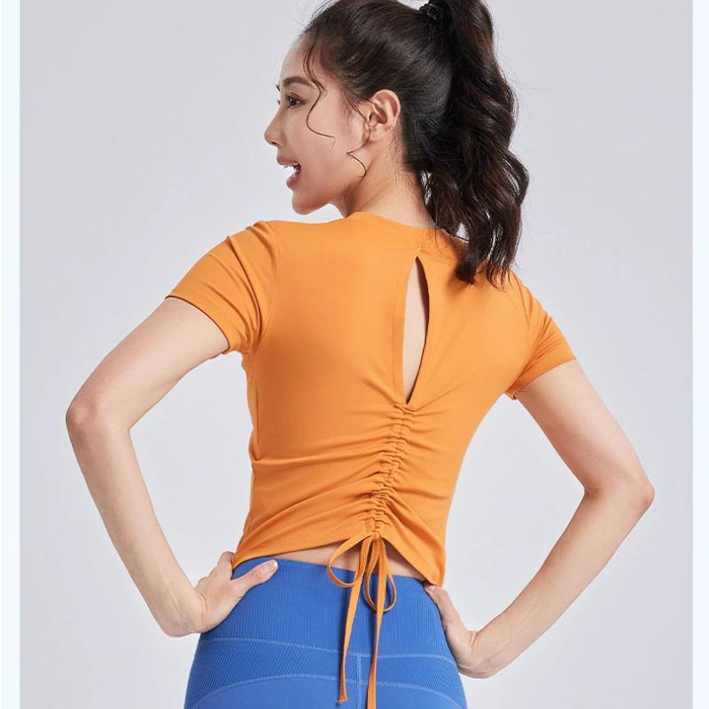 New Style Drawstring Beautiful Back Pleated Yoga Wear Short Sleeved Female All-in-one Cup Fitness Sports Top with Chest Pad for Women