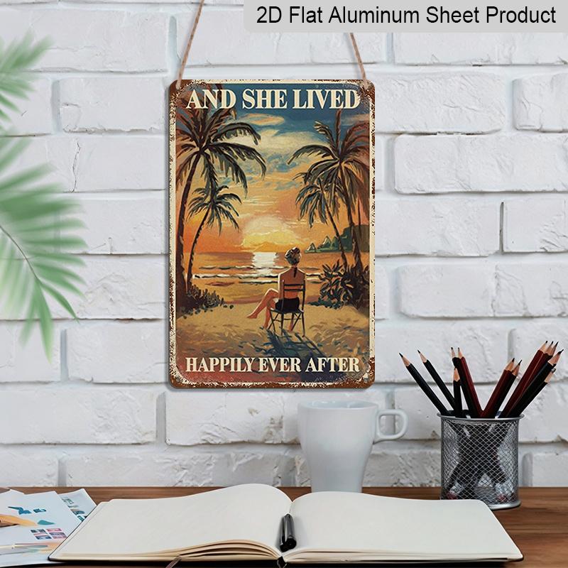 2D Flat - Retro Beach Aluminum Sign - Lady Enjoying The Shore, Ideal for Home and Bar Decoration, Wall Mounting, 7.87*11.8 Inchs, No Electricity