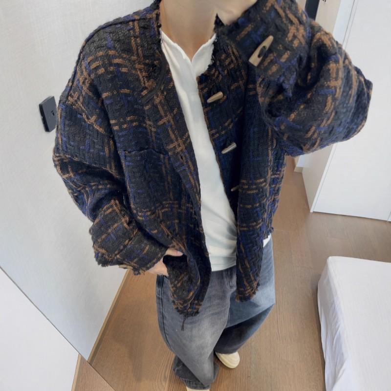 Vintage Tweed Woven Jacket Men - Casual Winter Outerwear Loose Fit Plaid