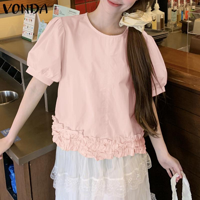

VONDA Летняя женская блузка с круглым вырезом, пышными рукавами, однотонная, повседневная, с оборкой по низу 4XL розовый