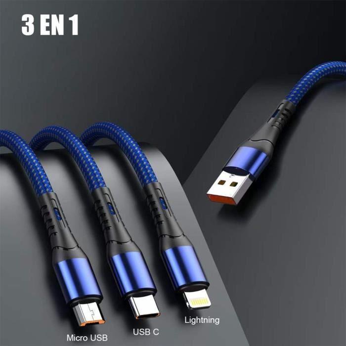 Câble USB 3 en 1 Multifonction pour Samsung Galaxy A54 A14 4G-5G A34 M13, M23 5G, Câble USB-C Micro-USB Bleu