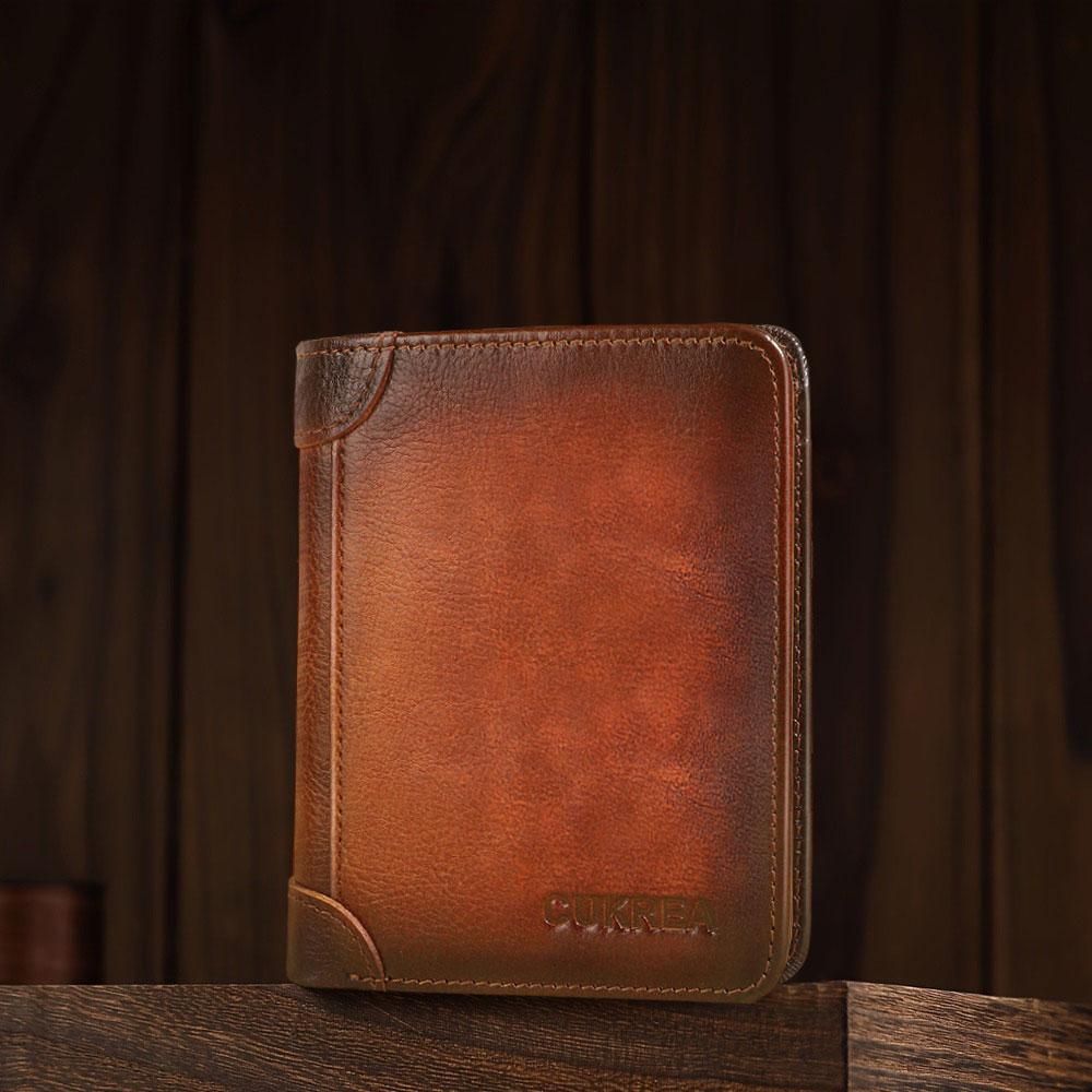 Men's Vintage Cowhide Wallet, RFID Protection Short Multi-Functional ID Card Credit Card Holder Top Layer Cowhide Money Bag 2 ID Card Windows