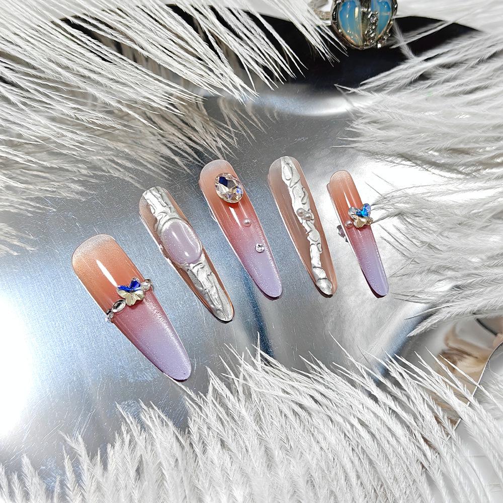 Elegant Long Blue Cat Eye & Butterfly Gradient Nail Stickers