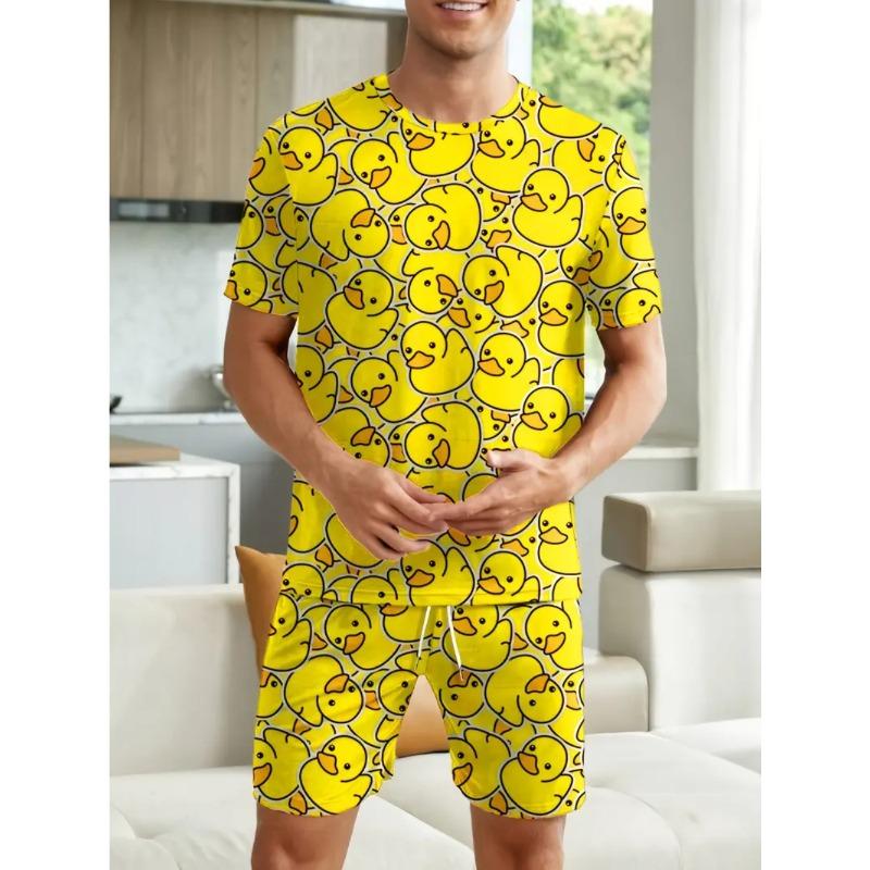 Summer Cartoon Small Pattern Full Print Fashionable Loose Men's Daily Comfortable Two-piece Short Sleeved Sport Wear