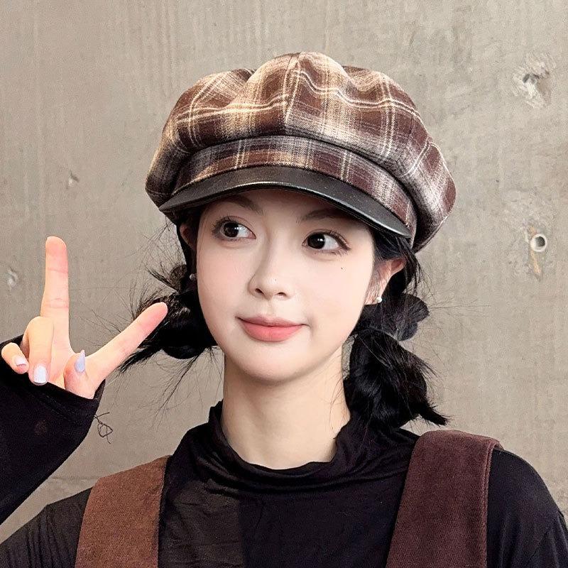 Retro Plaid Octagonal Hat Women's Autumn and Winter Versatile Face Small Warm Painter Hat Fashion Literary Newsboy Hat