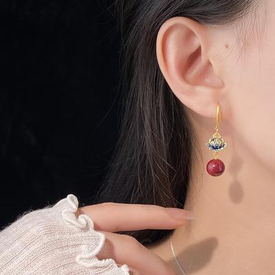 Lotus Cinnabar Ear Hook Niche High-end Ear Hook Versatile Temperament Design Exquisite Ear Decoration