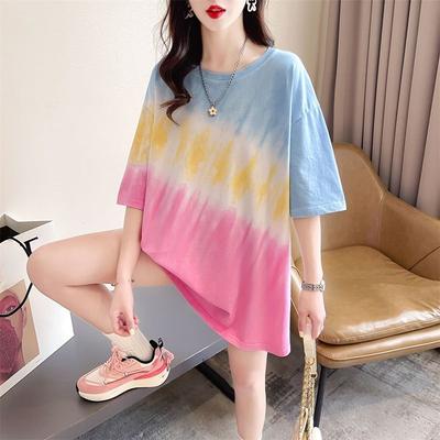 Color Blocking Medium Long Women's T-shirt Korean Lazy Style Tops Loose Casual Versatile Ladies Short Sleeved