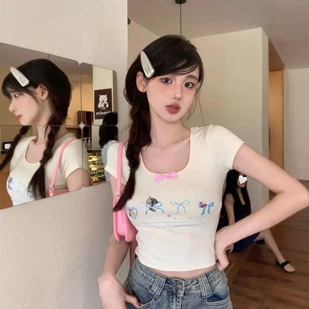 Pure desire hottie cat print u-neck short-sleeved T-shirt women's summer tight bow pink sweet and thin short top