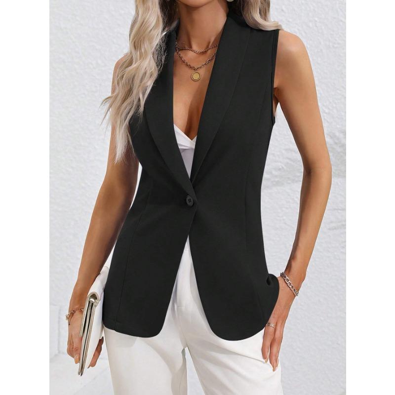 VEZFAA Mode Femme Décontracté Couleur Unie Imprimé Automne Hiver Sans Manches Col POLO Vestes & Manteaux