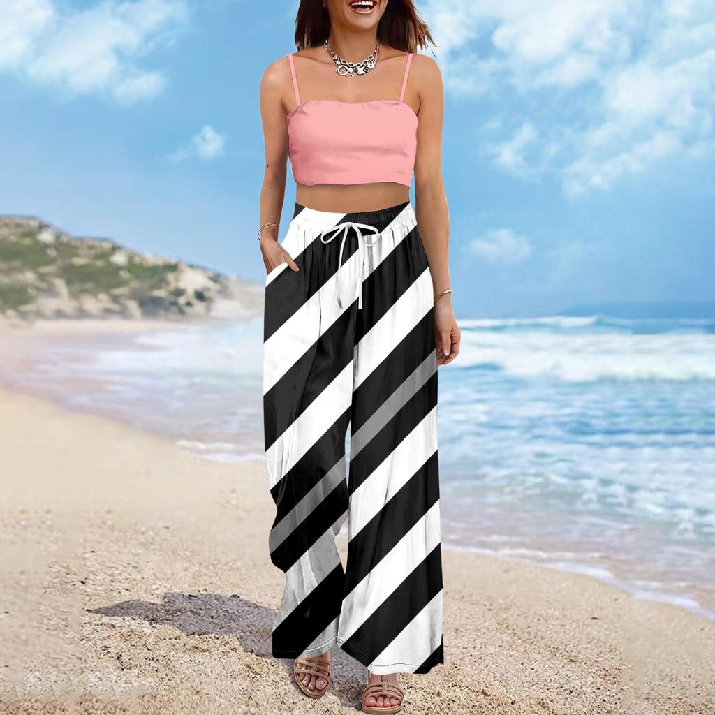 Women's Wide Leg Pants With Elastic Waistband Printing Large Pockets Patchwork Edge, Loose Pants