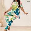 Women Plus Size Printed Two Piece Set Round Neck Short Sleeve Longline Top Fitted Pants Green Blue White