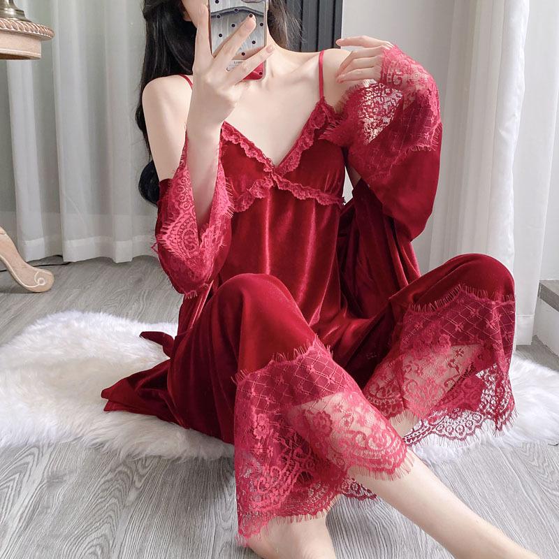 Golden Velvet Lace Nightwear Set: Sexy Camisole, Long Pants, and Robe with Breast Pads for Autumn/Winter Comfort.