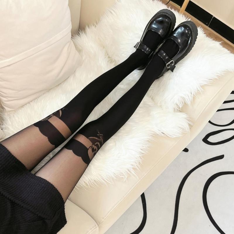 Sexy Women Faux Thigh High Socks Pantyhose Japanese JK Cute Jacquard Pattern Patchwork Stockings Mock Suspender Tights