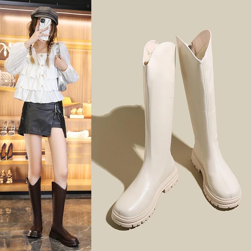 V-shaped Women's Thick-soled Boots Autumn and Winter Knee-high Boots Chelsea Elegant Back Zipper Outdoor Fashion Botas Mujer