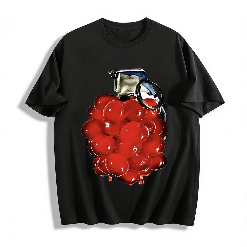 

Funny Cherry Grenade Graphic Print T-Shirt Unisex Trendy Casual Loose Crewneck Tee Pure cotton T-shirt 6XL