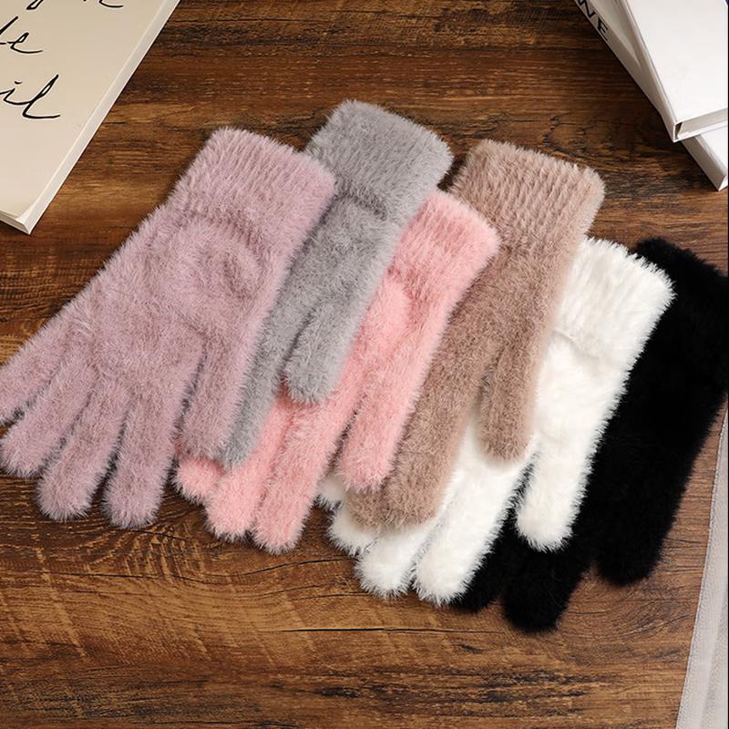 Thickened Faux Mink Fur Five-Finger Gloves
