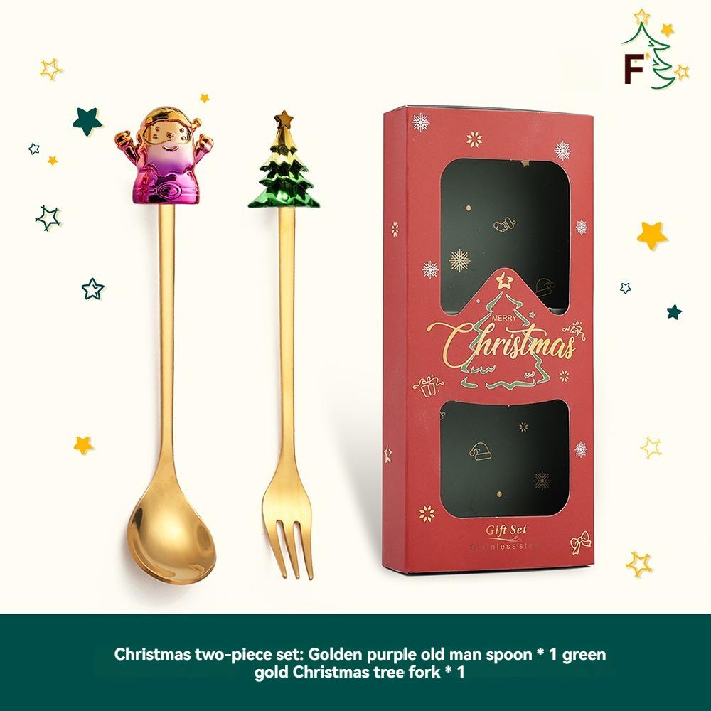 

2/4/6 шт. Рождественская посуда из нержавеющей стали, блестящая кукольная ложка и вилка для кофе, десерта, рождественский подарок, Санта-Клаус, декоративная ложка
