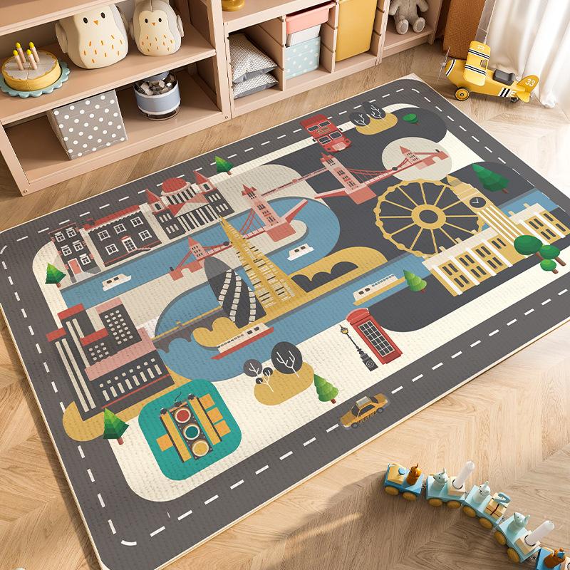 Cartoon Car Traffic Crystal Pile Carpet Children's Room Climbing Mat Home Non-Slip and Dirt Resistant Living Room Mat