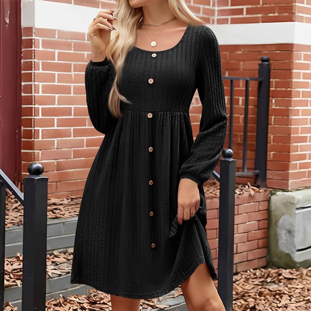 Women's Fashion Round Neck Casual Slim Solid  Waist Long Sleeve Dresses