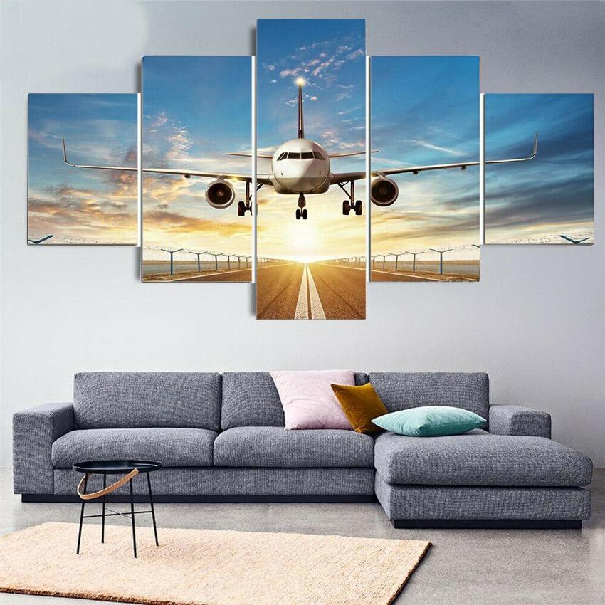 5 Panel Landscape Sunset Lights Airplane Lawn Canvas Painting Modular Posters and Prints Wall Art Pictures Home Decor No Frame