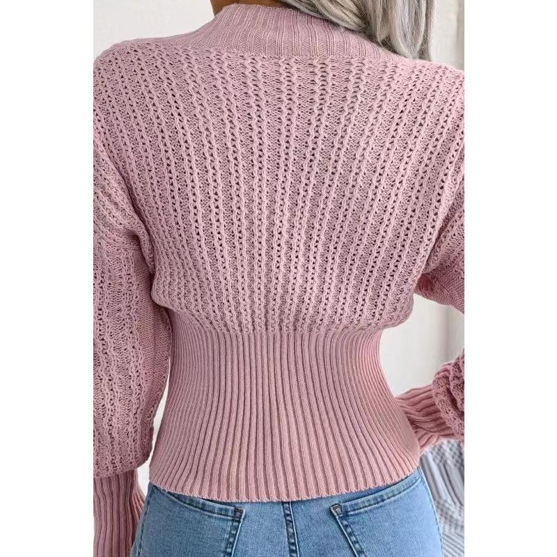 Autumn and Winter V-neck Pullover Sweater Hollow Fashion Elegant Knitted Slim Fit Solid Color Long Sleeve Tops Sexy New Short Top Women's Clothing