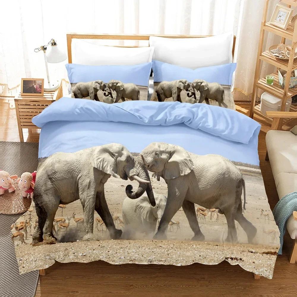 3D Elephant Bedding Set Queen Full Duvet Cover Sets Design Elephant Bedspread Black Wildlife Soft 2/3pcs Microfiber Quilt Cover