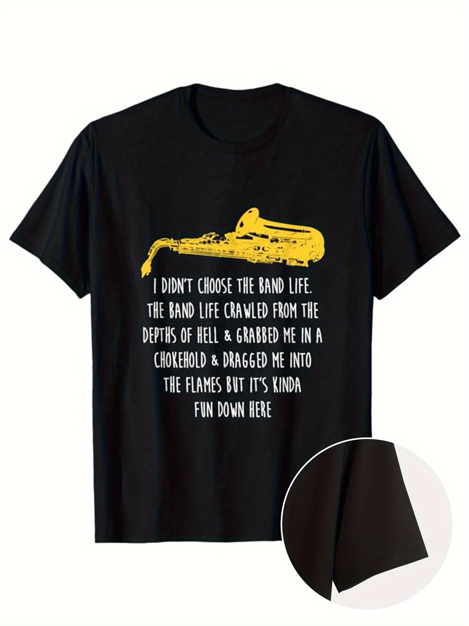 Saxophone Graphic Cotton T-shirt - Black with Yellow Print & Humorous Music Quote M