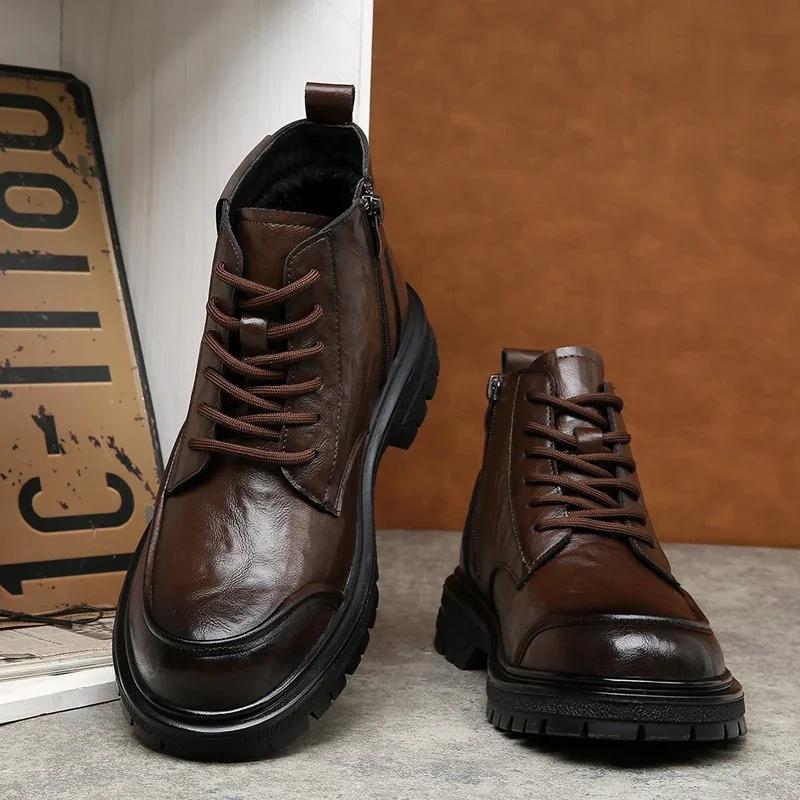 FashionLeather Boots Man Winter High Top Classic Basic England Black Men's Ankle Boots Fashion Young Plush Warm Trendy All-match Shoes