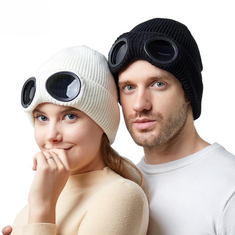 Hat Autumn and Winter Men's and Women's Windproof Glasses Fleece Ski Knitted Hat Warm Wool Hat