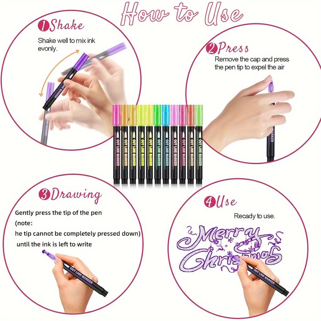 12pcs/8pcs Metal Flash Double Line Contour Pen | Color Flash Marking, Graffiti, DIY Art Craft, Gift Card Coloring, Holiday Gifts